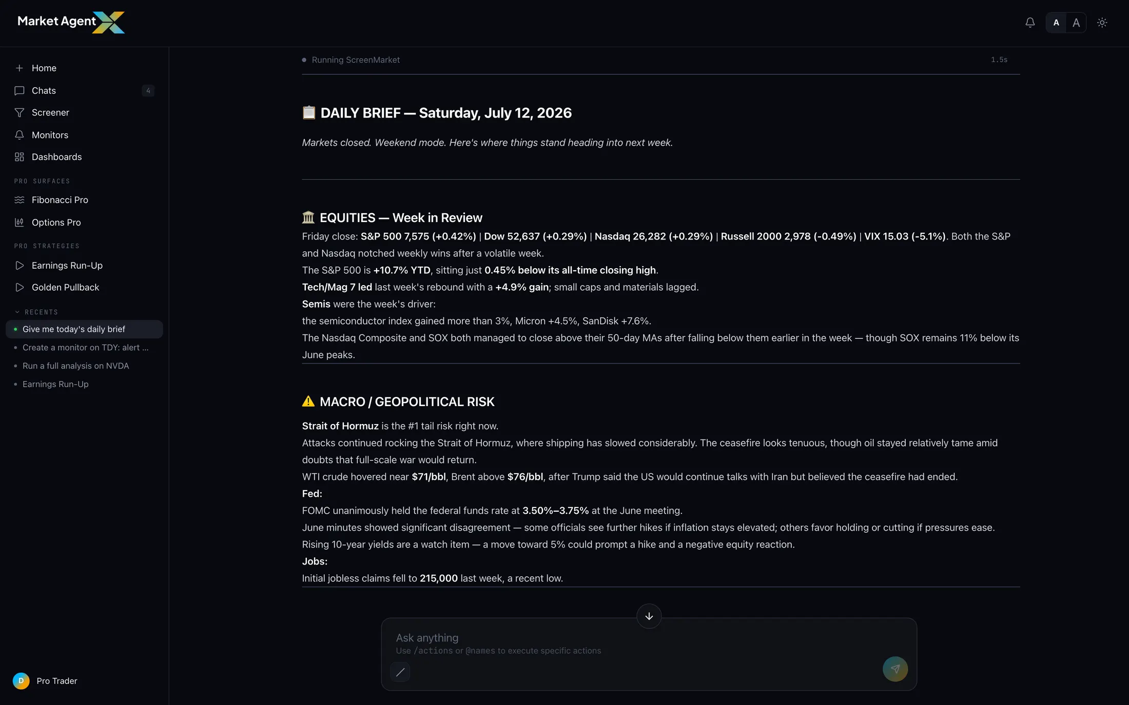 A Daily Brief in the Market Agent X workspace — equities week in review with index levels and leadership